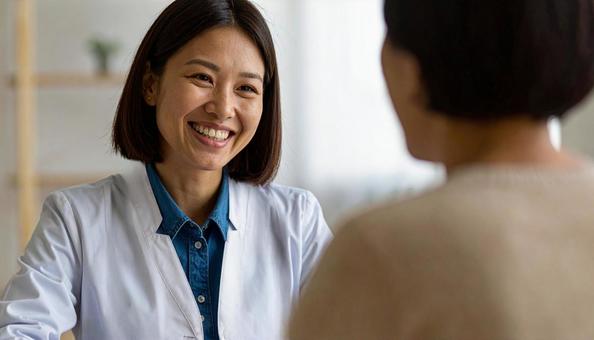 相談を受ける笑顔の医療相談スタッフ 相談を受ける笑顔の医療相談スタッフの写真