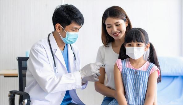 予防接種を医師から打たれる日本人少女 予防接種を医師から打たれる日本人少女の写真