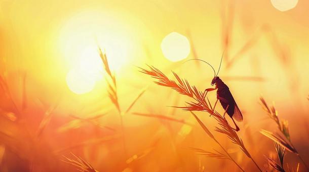 ススキとコオロギのシルエットの写真