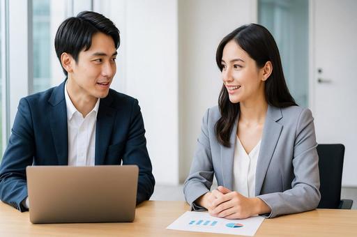 若手男女が会議室で笑顔の打ち合わせ・資料 若手男女が会議室で笑顔の打ち合わせ・資料の写真