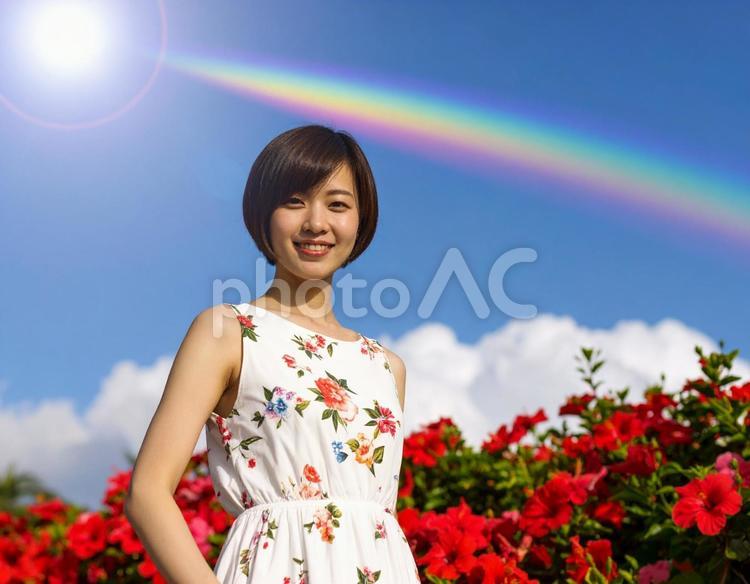 ハイビスカスと、真夏の彼女 ハイビスカス,女性,若いの写真素材
