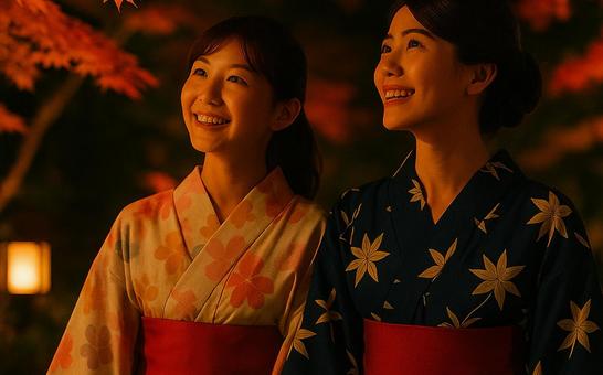 AI生成|夜の紅葉と浴衣友人 AI生成|夜の紅葉と浴衣友人の写真