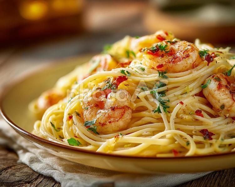レストランの一皿：エビのパスタ パスタ,イタリアン,エビの写真素材