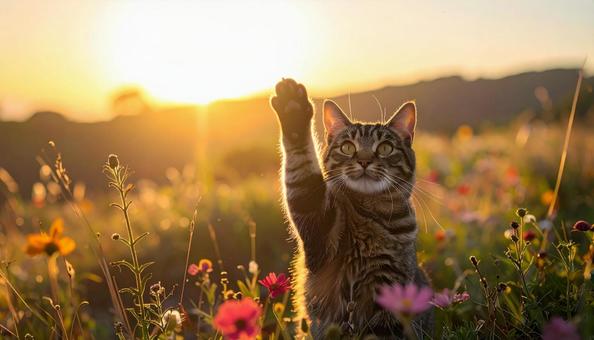 獲物を狙って上に手を伸ばす猫 獲物を狙って上に手を伸ばす猫の写真
