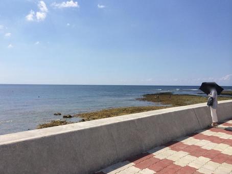 穏やかな沖縄の海と護岸壁、海沿いの遊歩道 沖縄,浅瀬,宮城海岸の写真素材