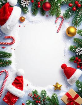 雪と緑の枝で囲まれたクリスマスフレームの写真