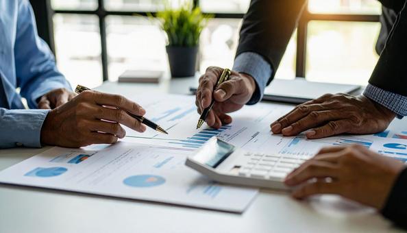 企画会議　グラフが書かれた書類と電卓の写真