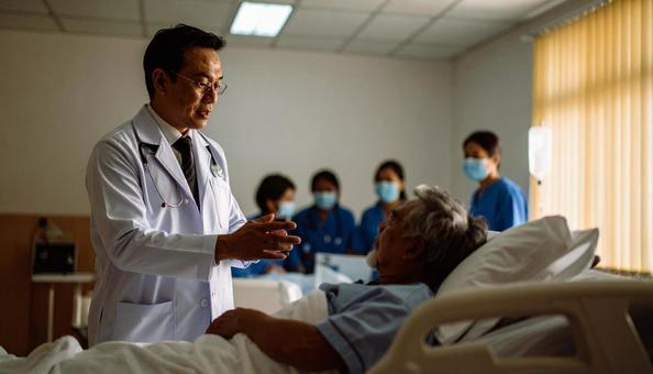 入院患者と家族に説明をする男性医師 入院患者と家族に説明をする男性医師の写真