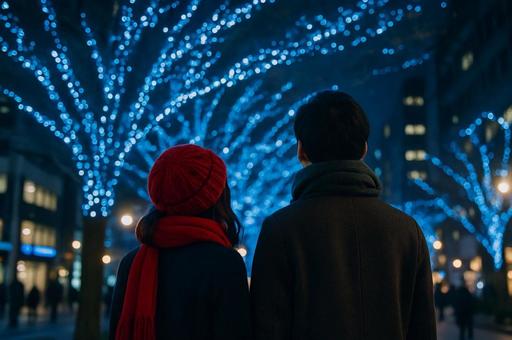 冬の街を彩るイルミネーションとカップルの写真