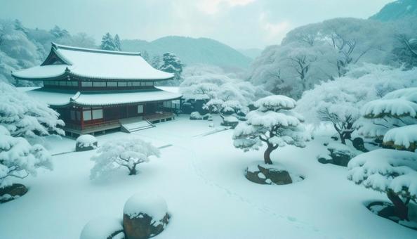 大雪が降った翌日の朝の日本庭園の写真