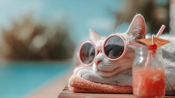 サングラス猫のプールサイド休憩の写真