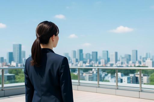 屋上テラスで景色を見つめるスーツの女性 屋上テラスで景色を見つめるスーツの女性の写真