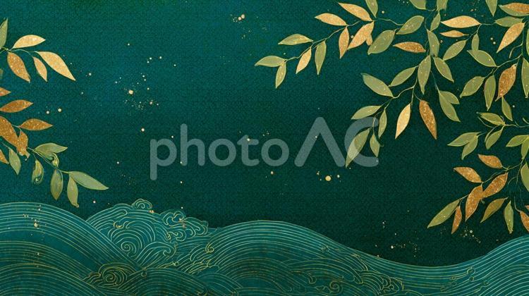 和風波と葉の背景 和風,緑,背景の写真素材