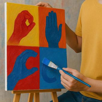 手話記号を描く若い画家 手話記号を描く若い画家の写真