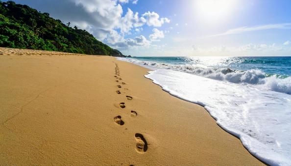 波打ち際の砂浜に足あとの残る海 波打ち際の砂浜に足あとの残る海の写真