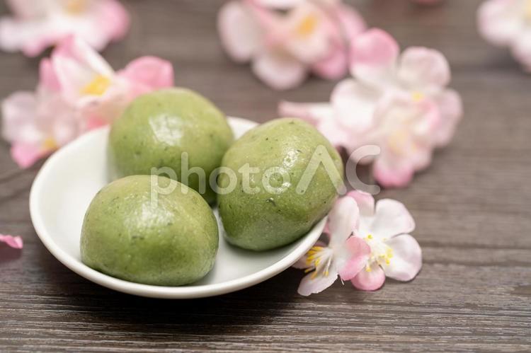桜のある和菓子のよもぎ餅 草餅,よもぎ餅,餡子の写真素材