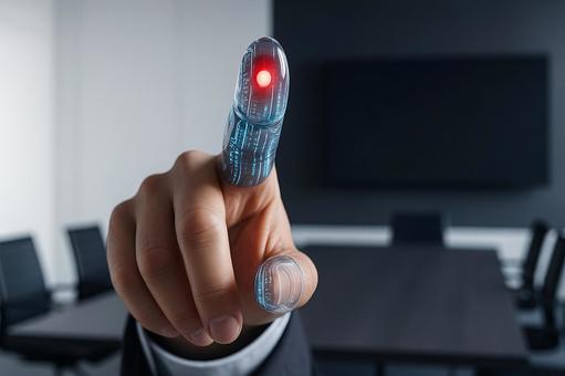 データ光走る指先が放つ緊張の瞬間 データ光走る指先が放つ緊張の瞬間の写真