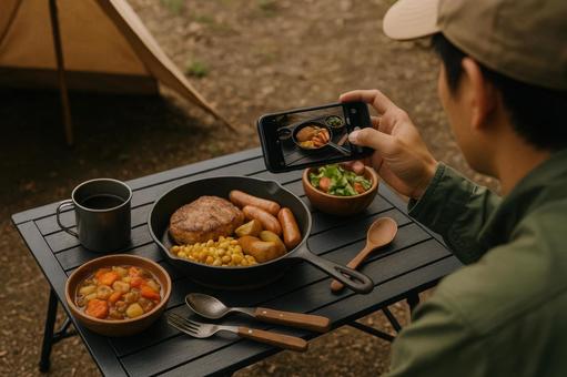 キャンプ飯を撮影する風景 キャンプ飯を撮影する風景の写真