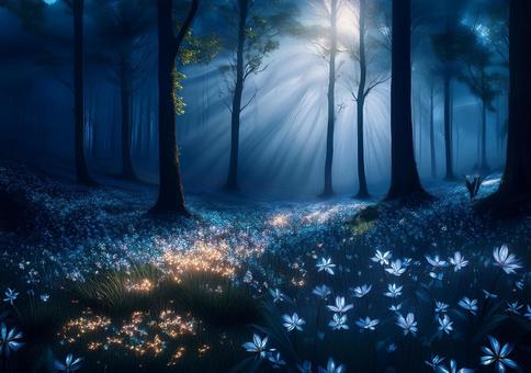 青い花が輝く幻想の夜の森 青い花が輝く幻想の夜の森の写真