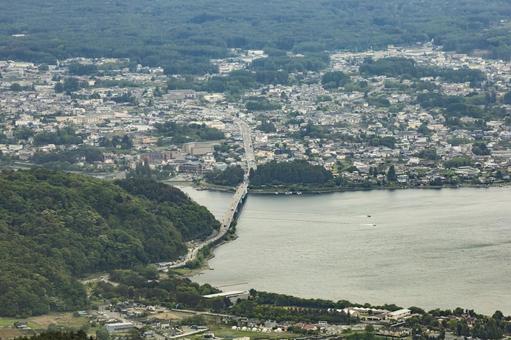 山梨県河口湖周辺の街並みと河口湖大橋 河口湖町,河口,河口湖大橋の写真素材