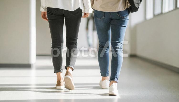 大学のキャンバスを並んで歩く二人の大学生 学生,大学,2人の写真素材
