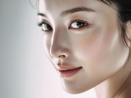 透明感のある肌の若い女性の顔アップ 透明感のある肌の若い女性の顔アップの写真
