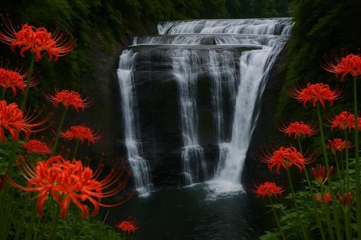 彼岸花と滝の風景 彼岸花と滝の風景の写真