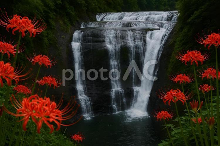 彼岸花と滝の風景 彼岸花,滝,風景の写真素材