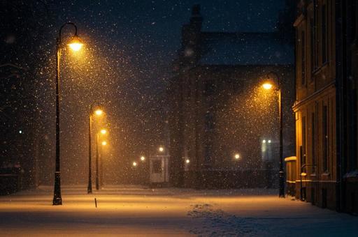 降りしきる雪と街灯の光が照らす夜の通りの写真