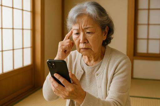 困惑してスマホ持つ高齢女性 困惑してスマホ持つ高齢女性の写真