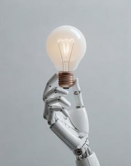 電球を持つ機械の手 電球を持つ機械の手の写真