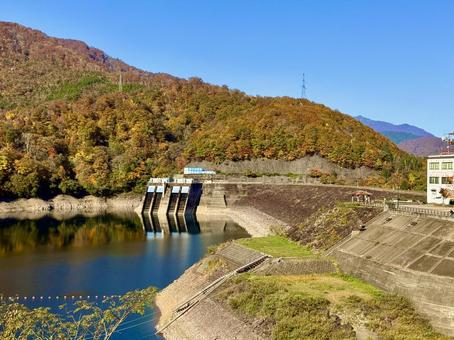 秋の福井の九頭竜ダム　紅葉に色づく湖 秋,道路,晩秋の写真素材