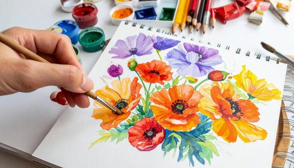 スケッチブックに花の絵を描く人の手もと スケッチブックに花の絵を描く人の手もとの写真