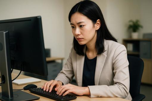 パソコン作業中の女性 パソコン作業中の女性の写真