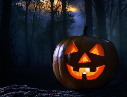 森の中のハロウィンのカボチャのランタンの写真