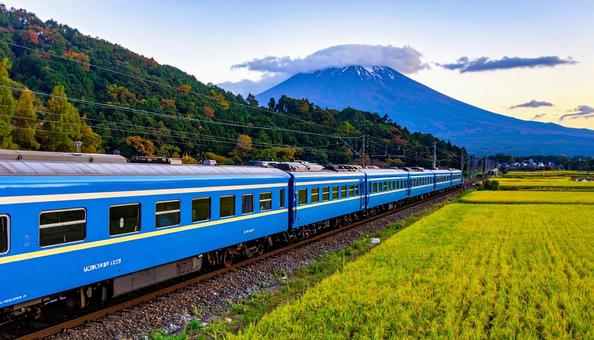 稲穂が実る田園を走るブルートレインの旅の写真