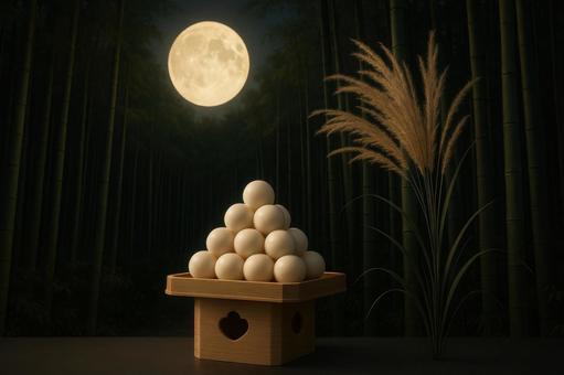 竹林を背景にした満月と団子飾りの写真