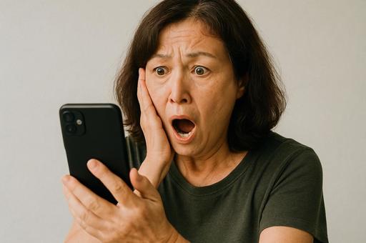 スマホを見て驚いている女性 スマホを見て驚いている女性の写真