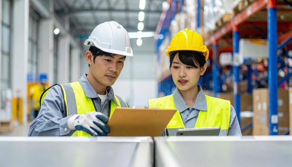 工場で働く作業着姿の男女のエンジニア 工場で働く作業着姿の男女のエンジニアの写真