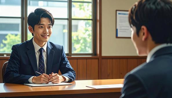 就職面接を受ける就活生の後ろ姿と面接官の写真