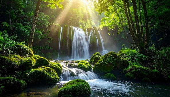 苔に包まれた癒しの滝 苔に包まれた癒しの滝の写真