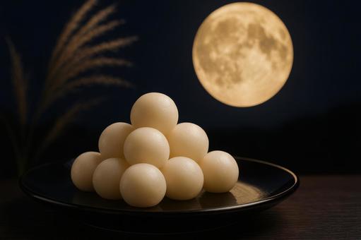 漆器の皿に並ぶ白い団子と月夜の写真