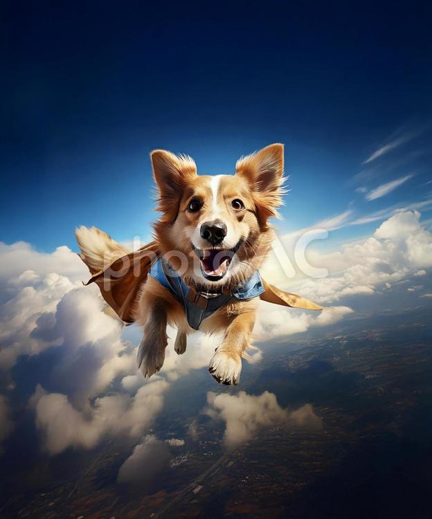空飛ぶワンちゃん 犬,空,カメラ目線の写真素材