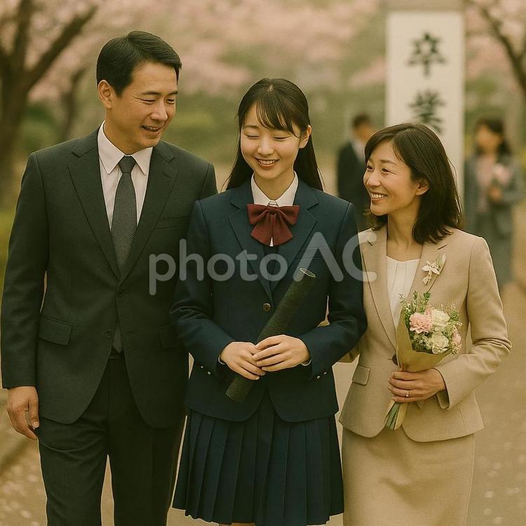 卒業式後、両親と思い出を語りながら帰路に 卒業式,graduation,卒業の写真素材