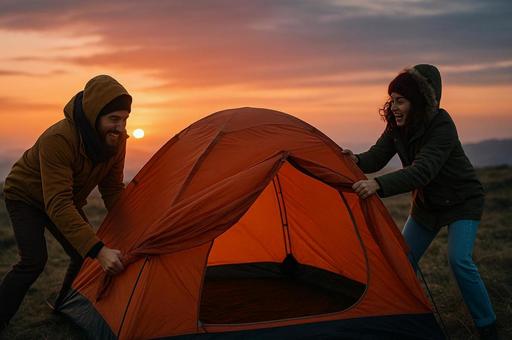 夕焼けに映えるキャンプテントの写真