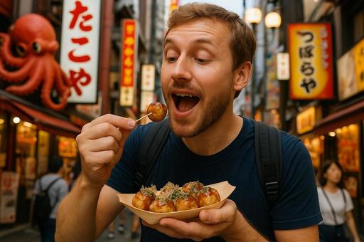 日本でたこ焼きを楽しむ外国人観光客 日本でたこ焼きを楽しむ外国人観光客の写真