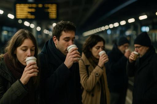 駅で温まるコーヒーの人物 駅で温まるコーヒーの人物の写真