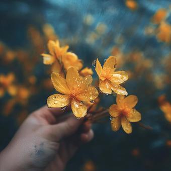 手の中に咲く鮮やかな黄色の花々 手の中に咲く鮮やかな黄色の花々の写真