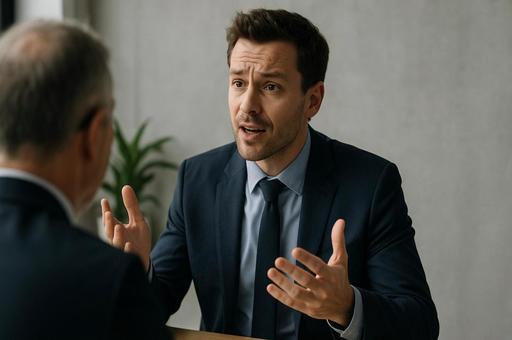 熱心な説明をする男性の写真