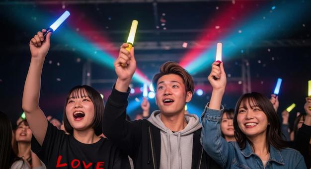 ライブでペンライトを振る男女の姿 ライブでペンライトを振る男女の姿の写真